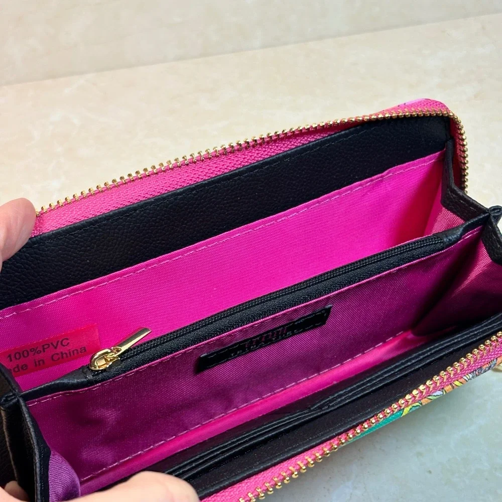 Trina Turk Teal‎ Green Floral Print Zip Around Continental Wallet PVC Colorful
